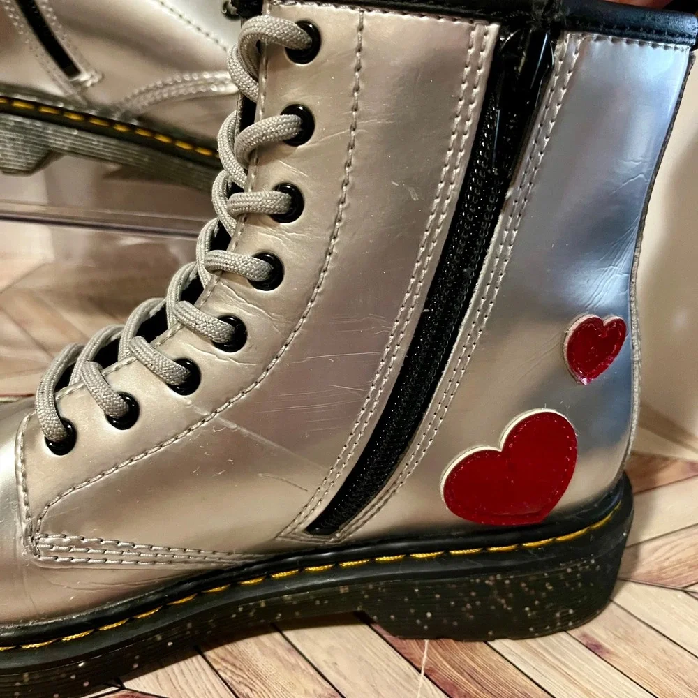 Dr Martens 1460 J Glitter Star Patent Lace Up Zip Boots Kids 3 Silver Red Hearts